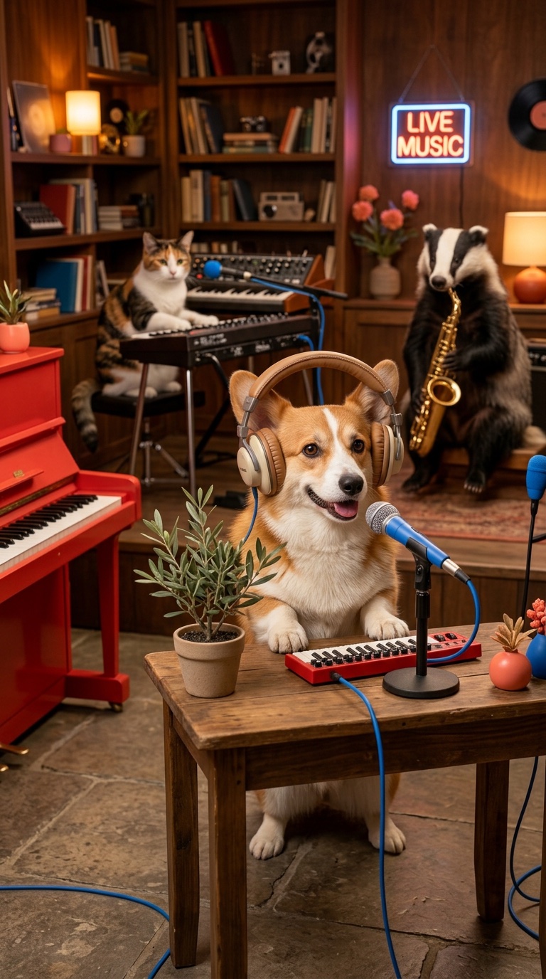 An AI-generated corgi wearing recording headphones at a red keyboard, with a cat keyboard player and a badger saxophonist in a cozy bookshelf studio.